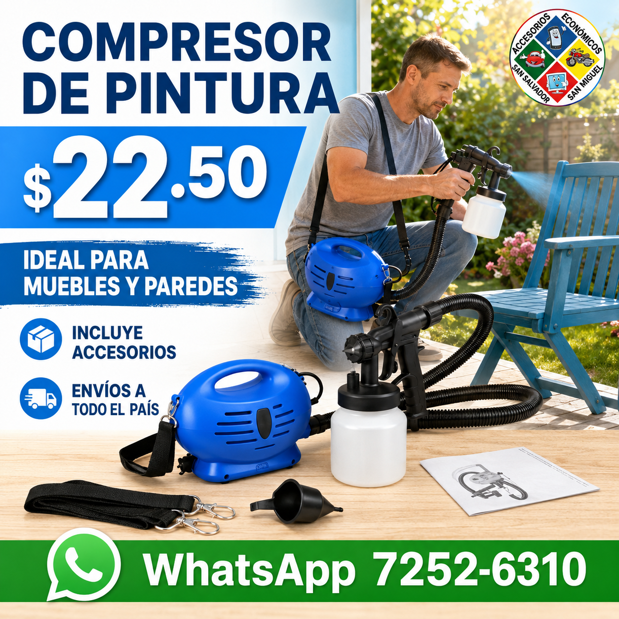 Compresor de pintura azul con pistola, recipiente, manguera y accesorios