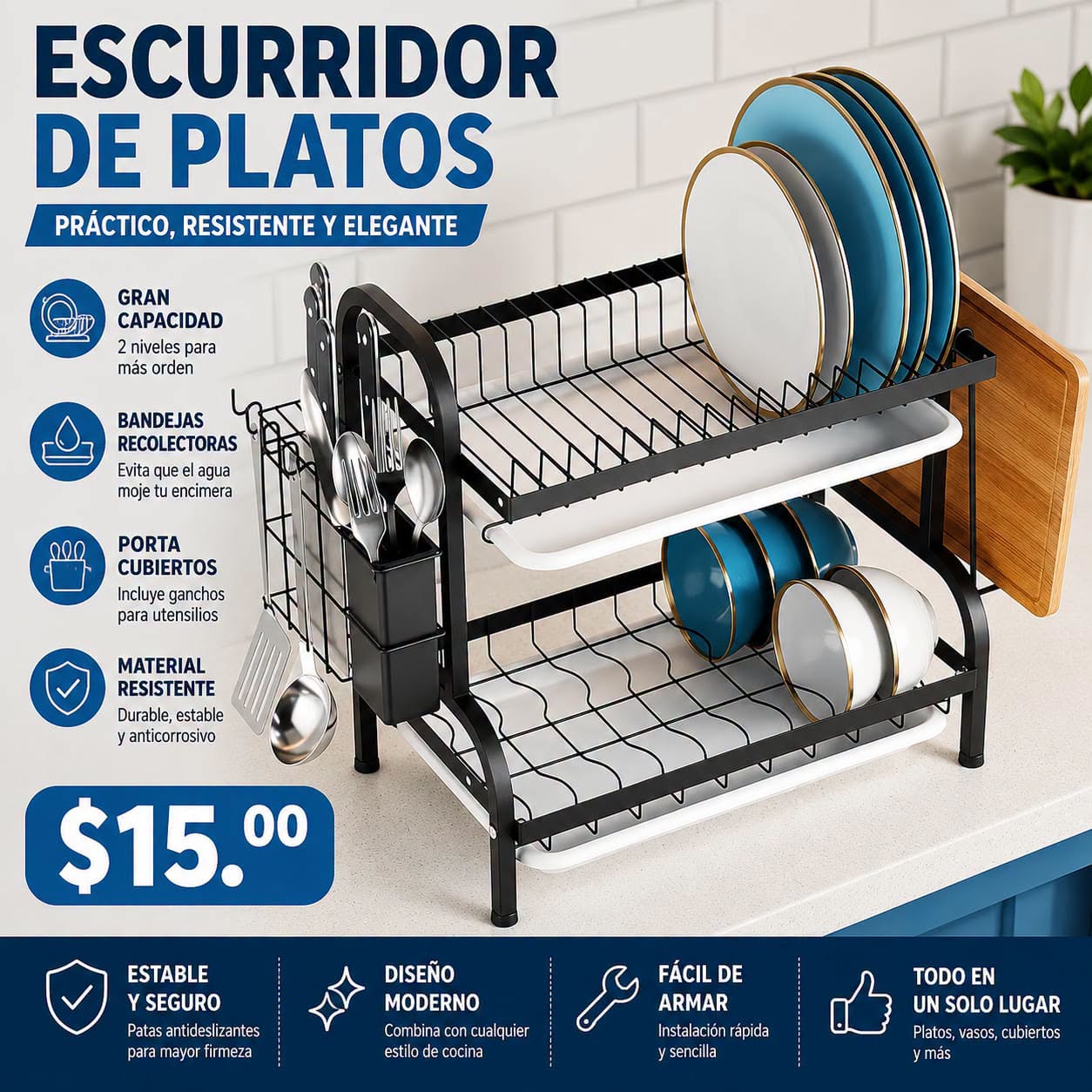 Fotografía real de Escurridor de platos · 2 niveles