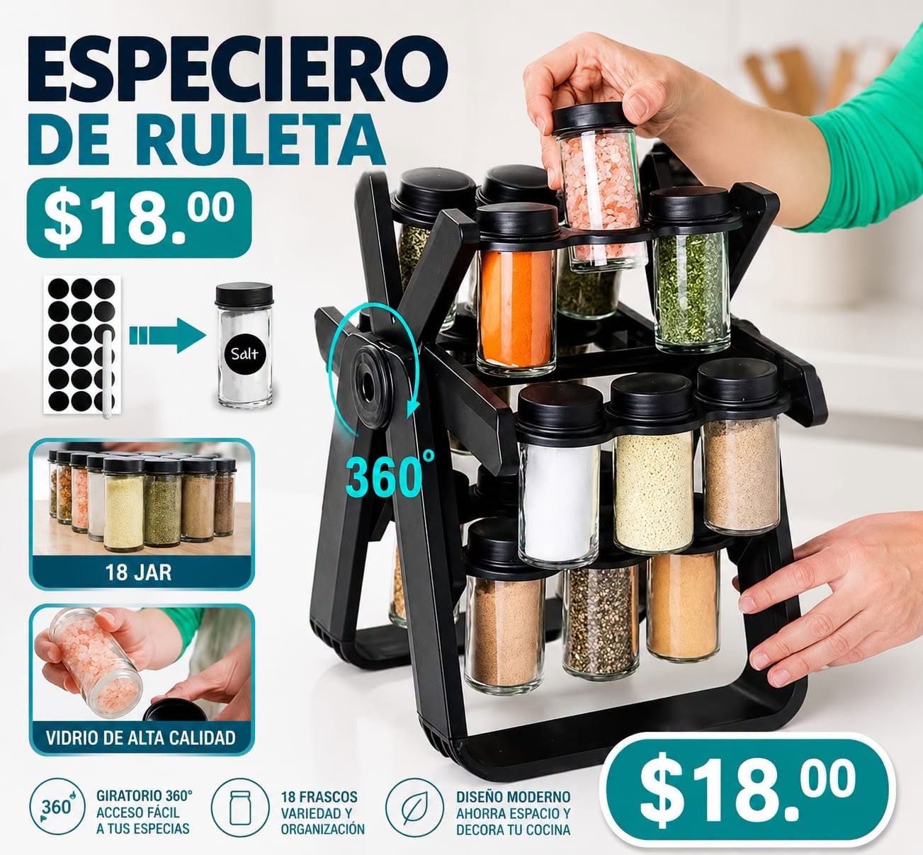 Fotografía real de Especiero de ruleta · 18 frascos