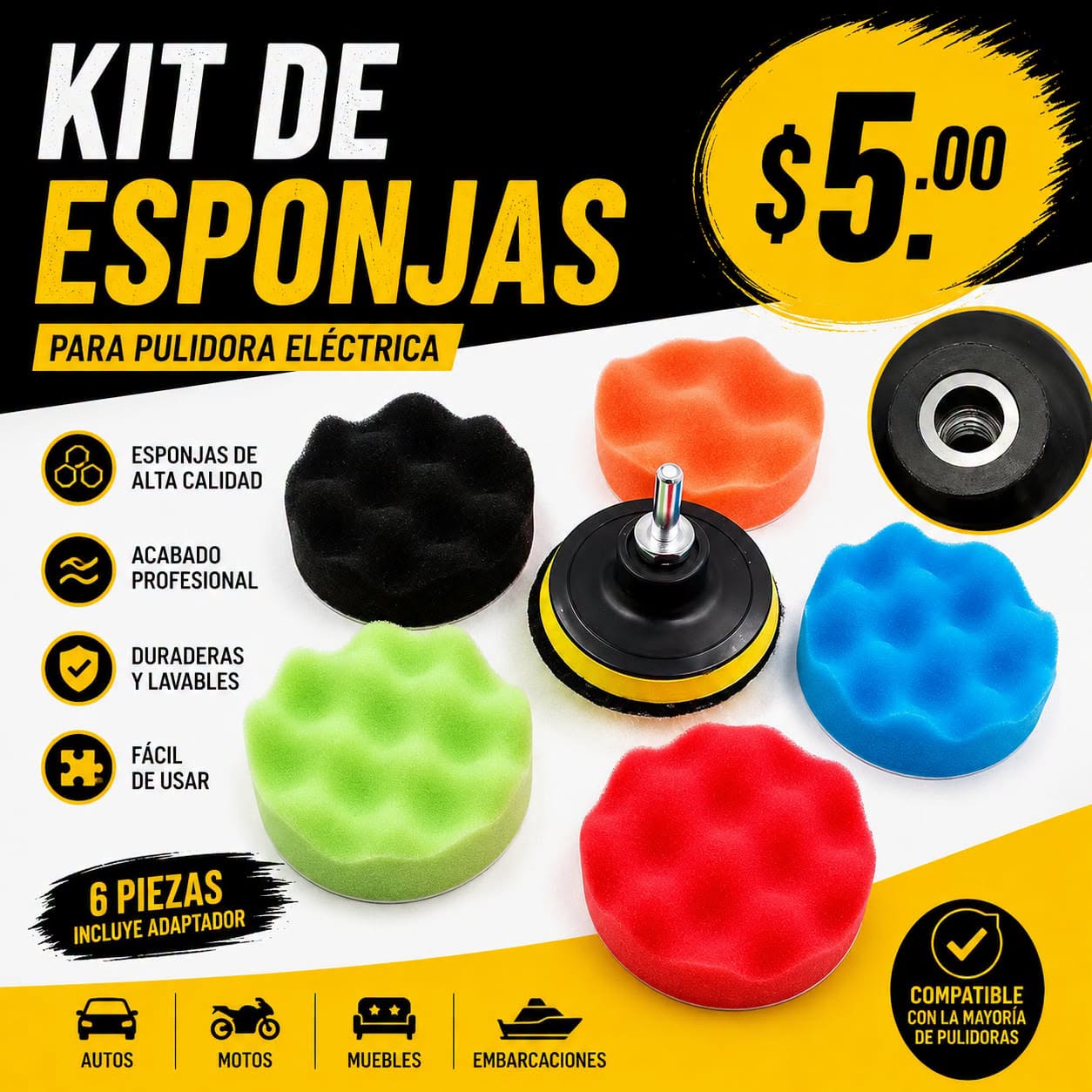 Fotografía real de Kit de esponjas para pulidora · 6 piezas
