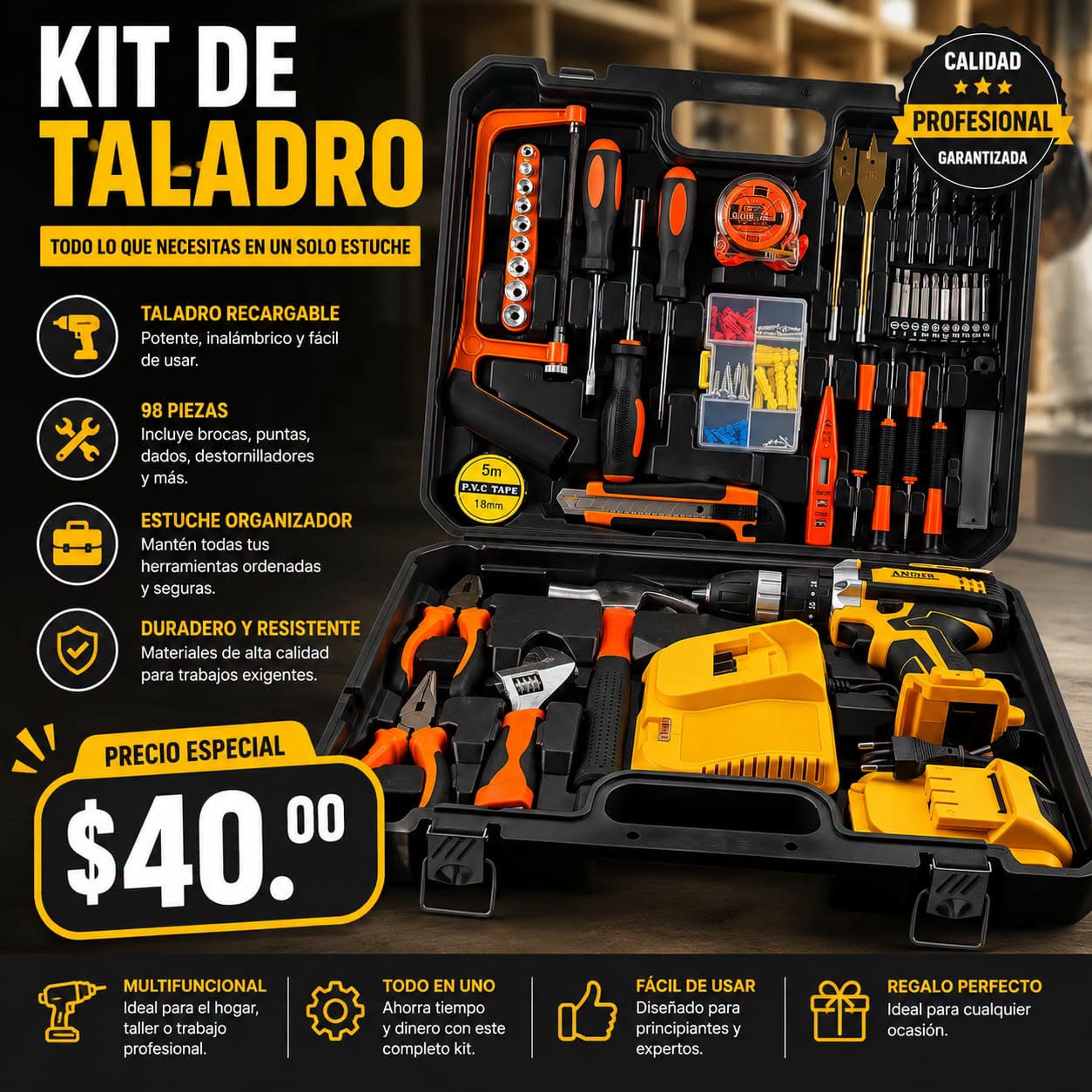 Fotografía real de Kit de taladro recargable · 98 piezas