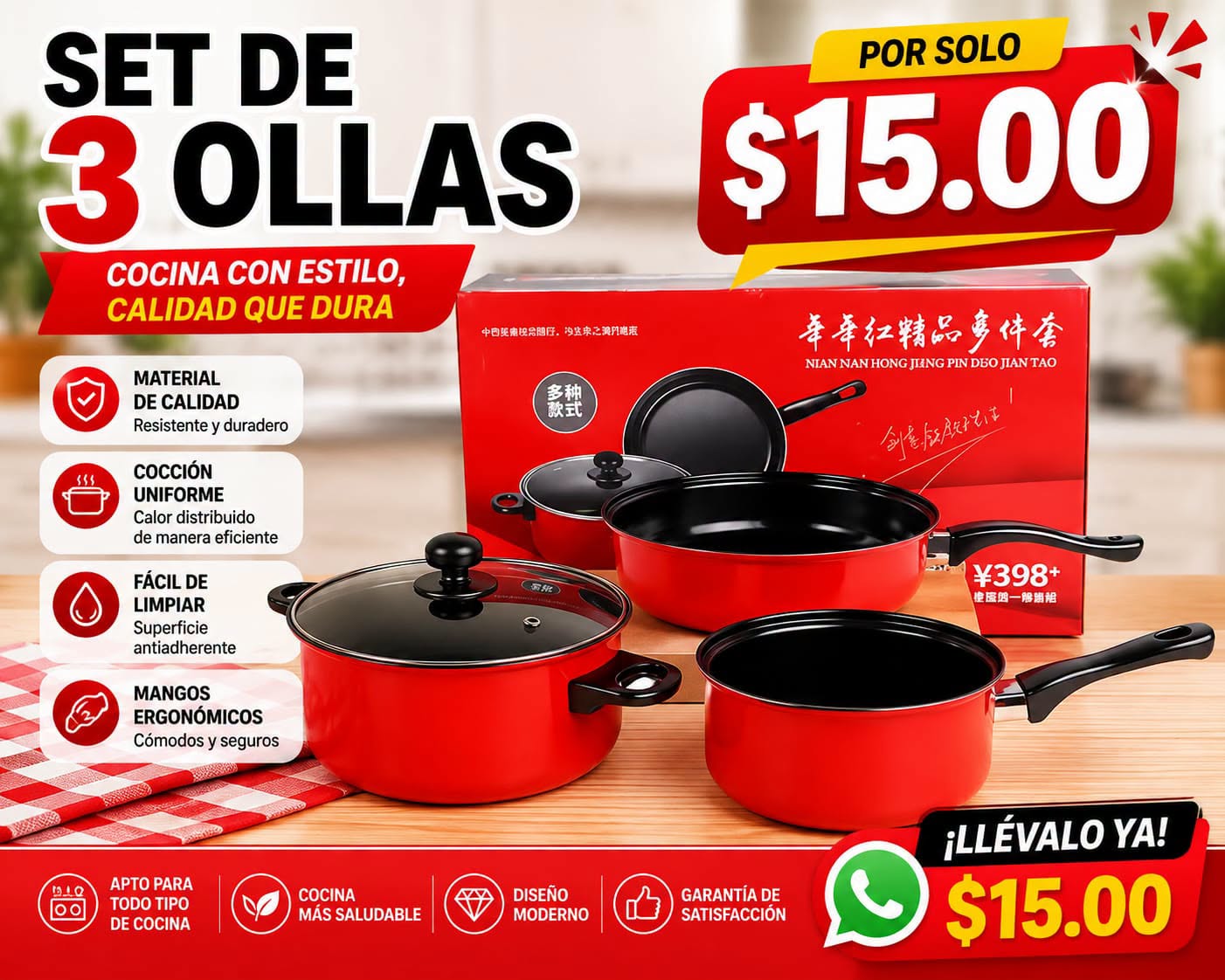 Fotografía real de Set de 3 ollas · color rojo