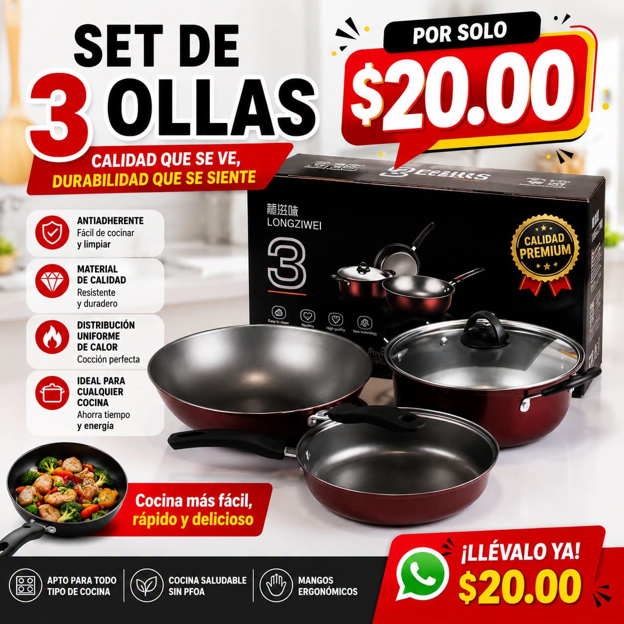 Fotografía real de Set de 3 ollas · rojo premium