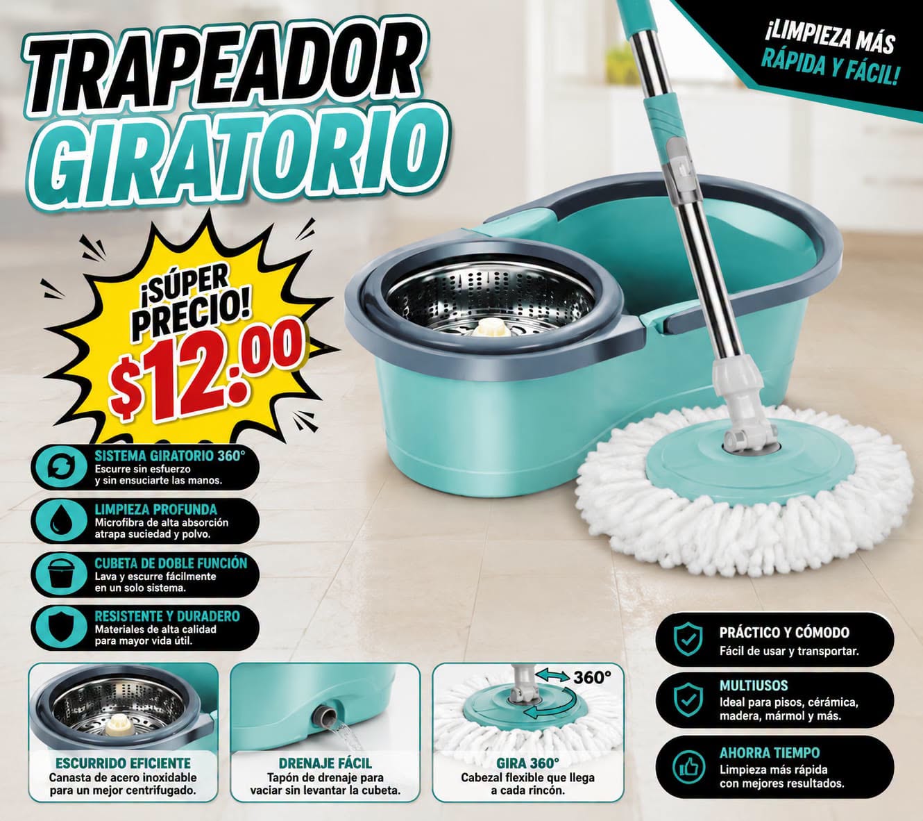 Fotografía real de Trapeador giratorio 360°